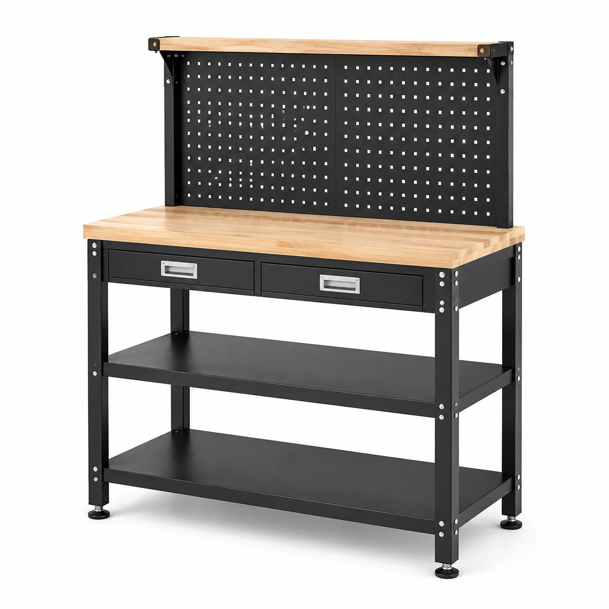 Banco da lavoro 120 × 60 × 150 cm in acciaio nero e legno naturale con pannello forato, 2 cassetti e 2 ripiani