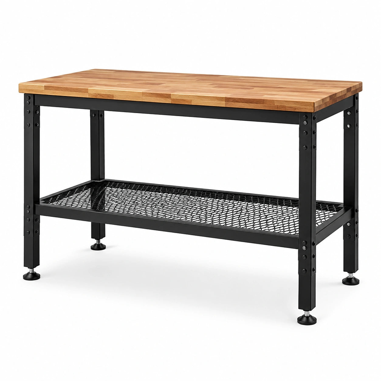 Banco da lavoro 120 x 60 x 90 cm in legno naturale e acciaio nero con ripiano a rete