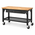 Banco da lavoro mobile 120 × 60 × 95 cm in legno e acciaio nero con 2 cassetti, ripiano inferiore e ruote