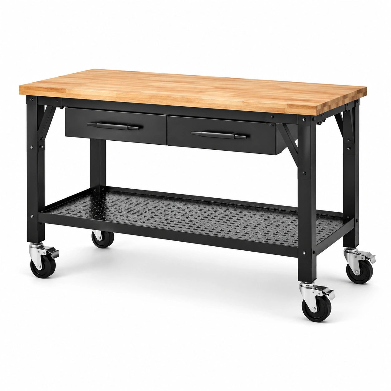 Banco da lavoro mobile 120 × 60 × 95 cm in legno e acciaio nero con 2 cassetti, ripiano inferiore e ruote