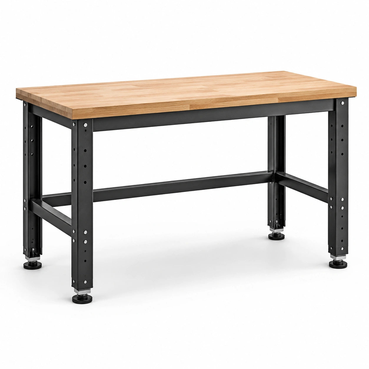 Banco da lavoro in legno lamellare naturale e acciaio nero, 120 × 60 × 90 cm, con piedini regolabili
