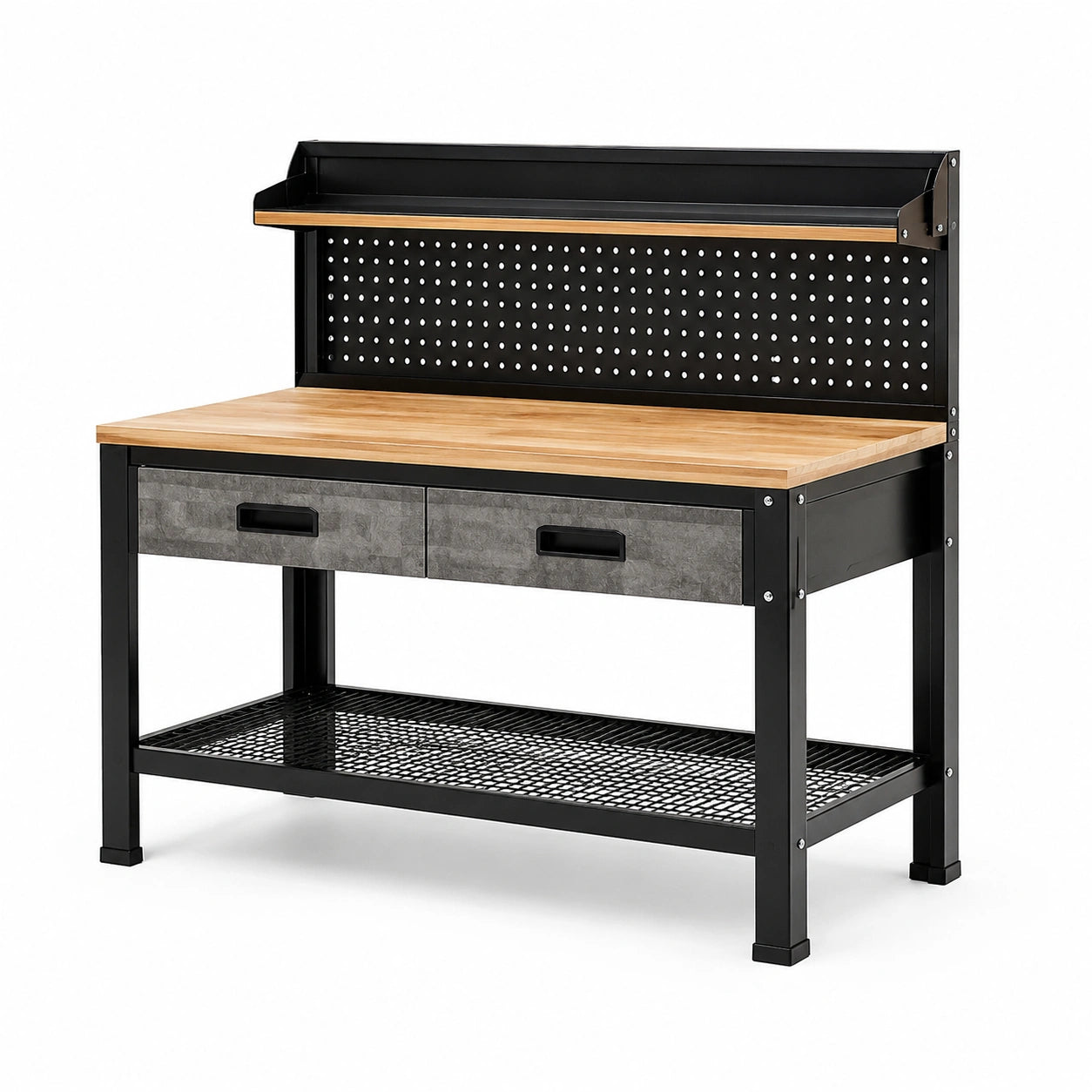 Banco da lavoro 120 × 60 × 150 cm in acciaio nero e legno naturale con pannello portautensili, 2 cassetti e ripiani