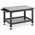 Banco da lavoro in acciaio nero 120 × 60 × 90 cm con piano forato, cassetto laterale e ripiano inferiore