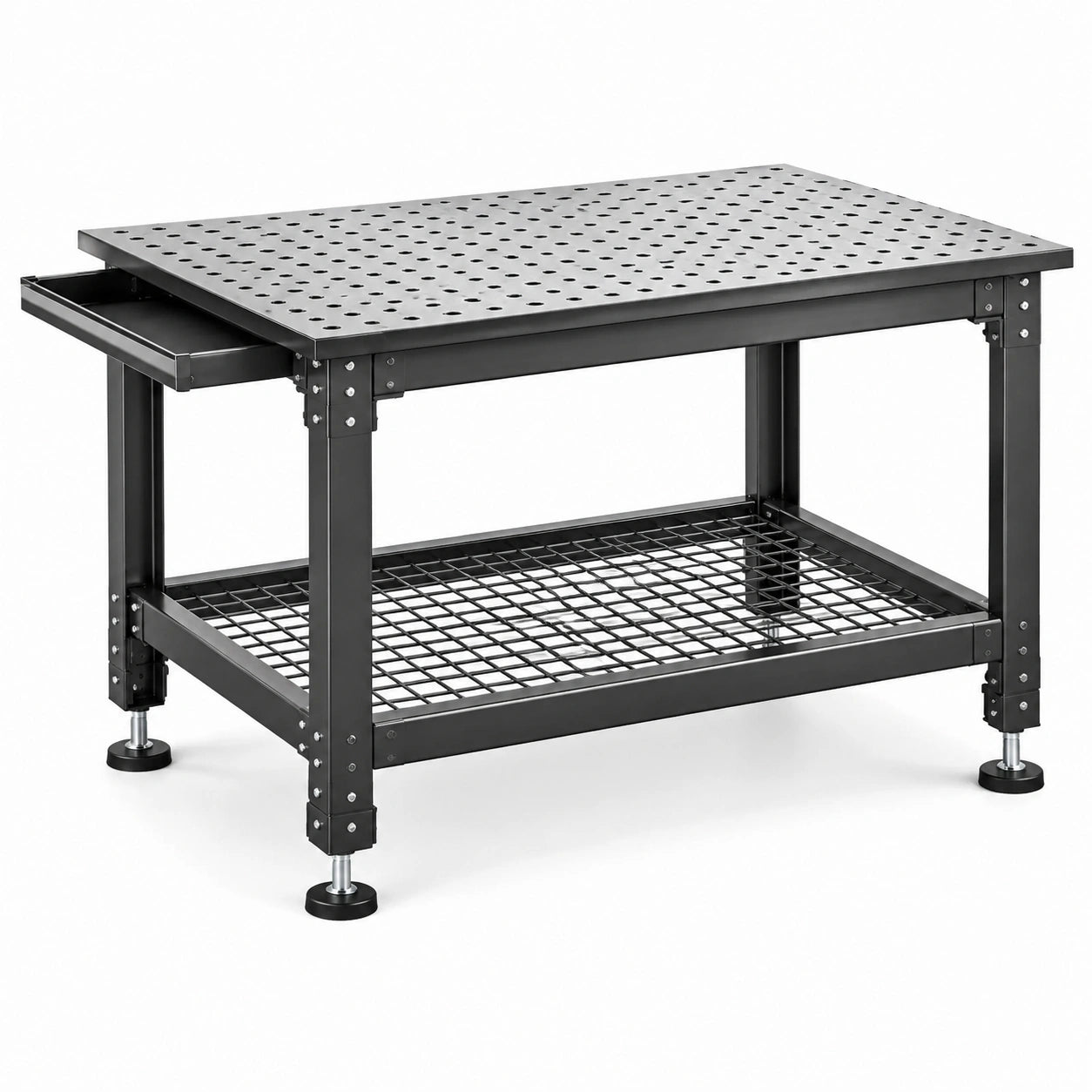 Banco da lavoro in acciaio nero 120 × 60 × 90 cm con piano forato, cassetto laterale e ripiano inferiore