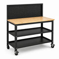 Banco da lavoro mobile 120 × 60 × 150 cm in acciaio nero e legno marrone chiaro con pannello portautensili e 2 ripiani