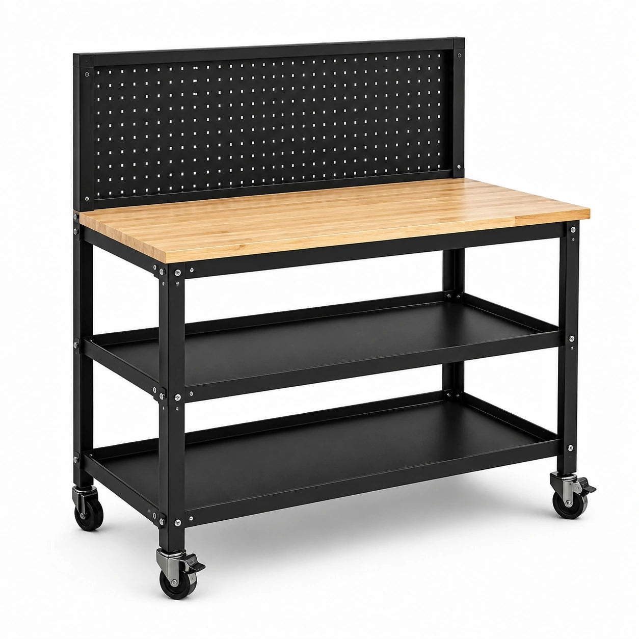 Banco da lavoro mobile 120 × 60 × 150 cm in acciaio nero e legno marrone chiaro con pannello portautensili e 2 ripiani