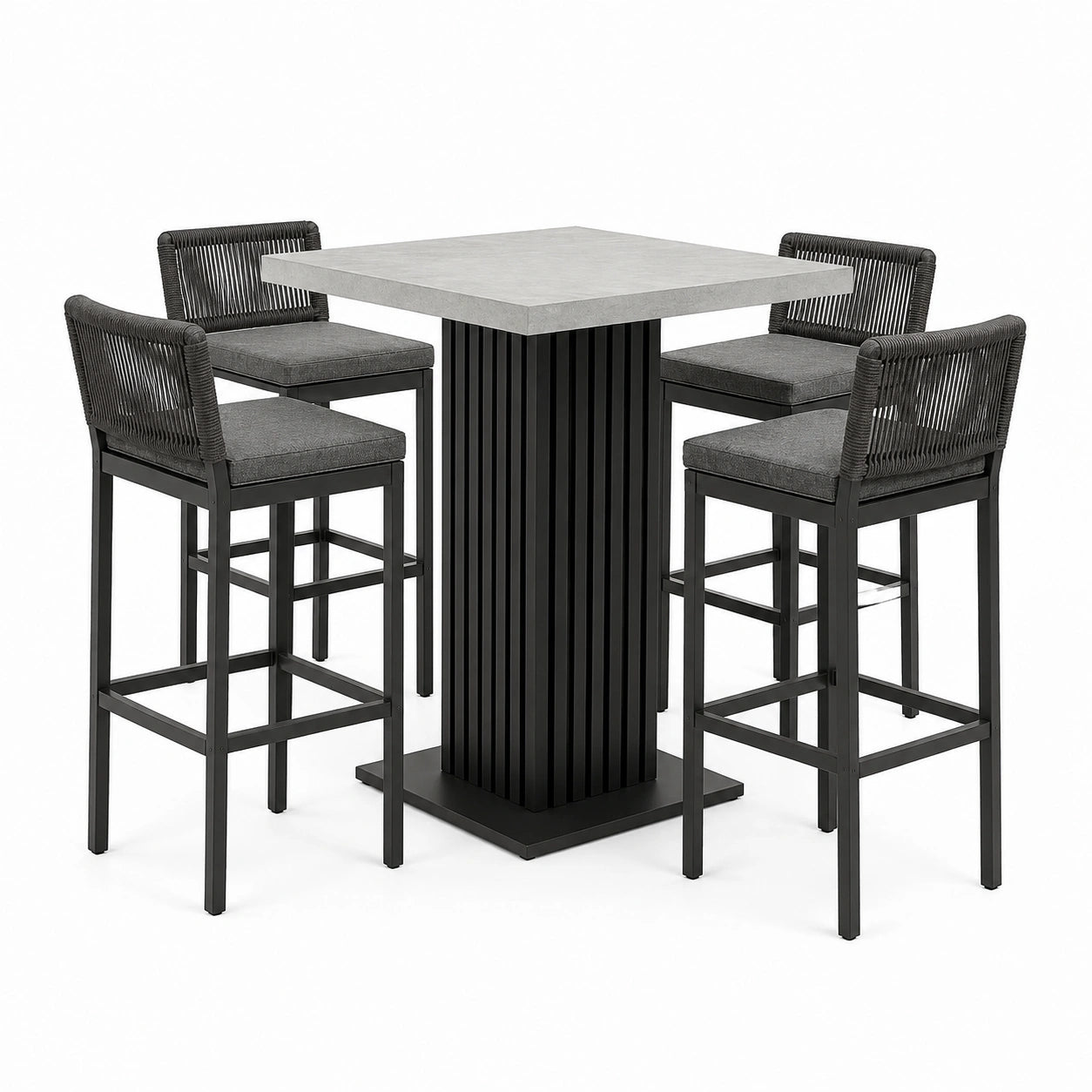 Tavolo alto 90 × 90 × 95 cm con 4 sgabelli 48 × 52 × 105 cm, nero e grigio