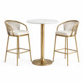 Set moderno con tavolo alto rotondo Ø 70 x 105 cm e 2 sgabelli 57 x 55 x 100 cm, oro, bianco e beige