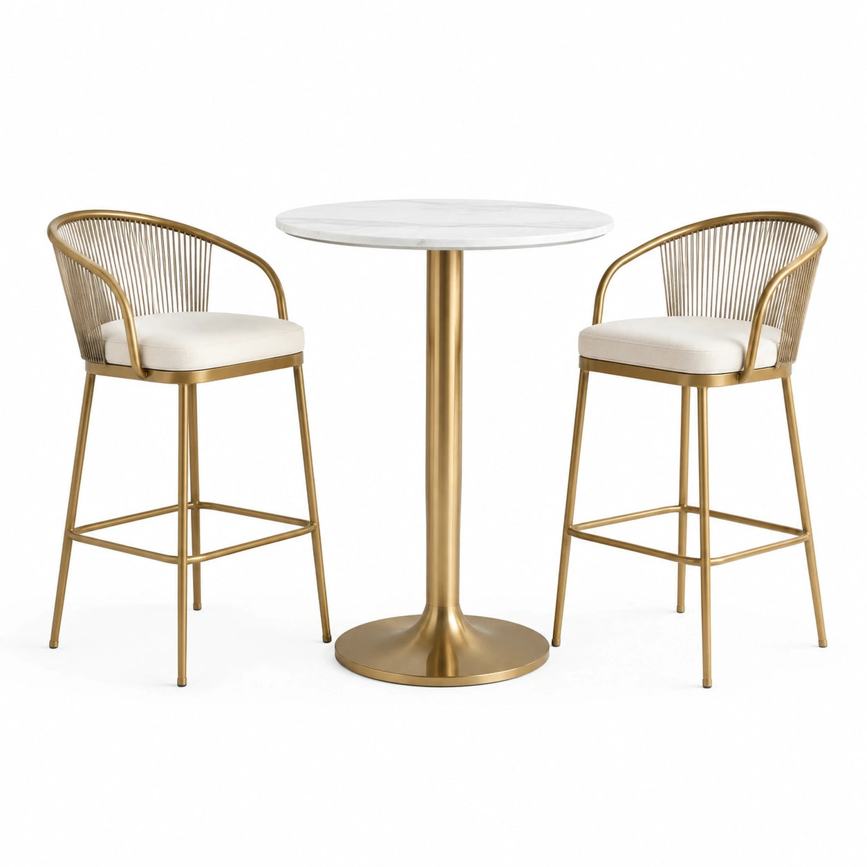 Set moderno con tavolo alto rotondo Ø 70 x 105 cm e 2 sgabelli 57 x 55 x 100 cm, oro, bianco e beige