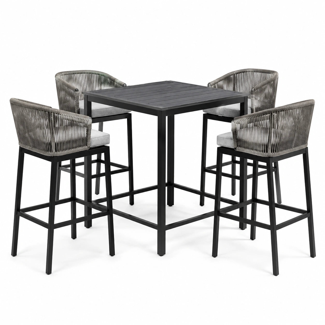 Set da esterno 5 pezzi nero e grigio con tavolo alto 90 × 90 × 95 cm e 4 sgabelli