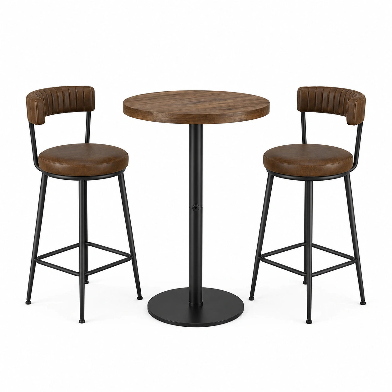 Set da bar marrone effetto noce e nero con tavolo rotondo Ø 80 × 90 cm e 2 sgabelli 50 × 50 × 100 cm