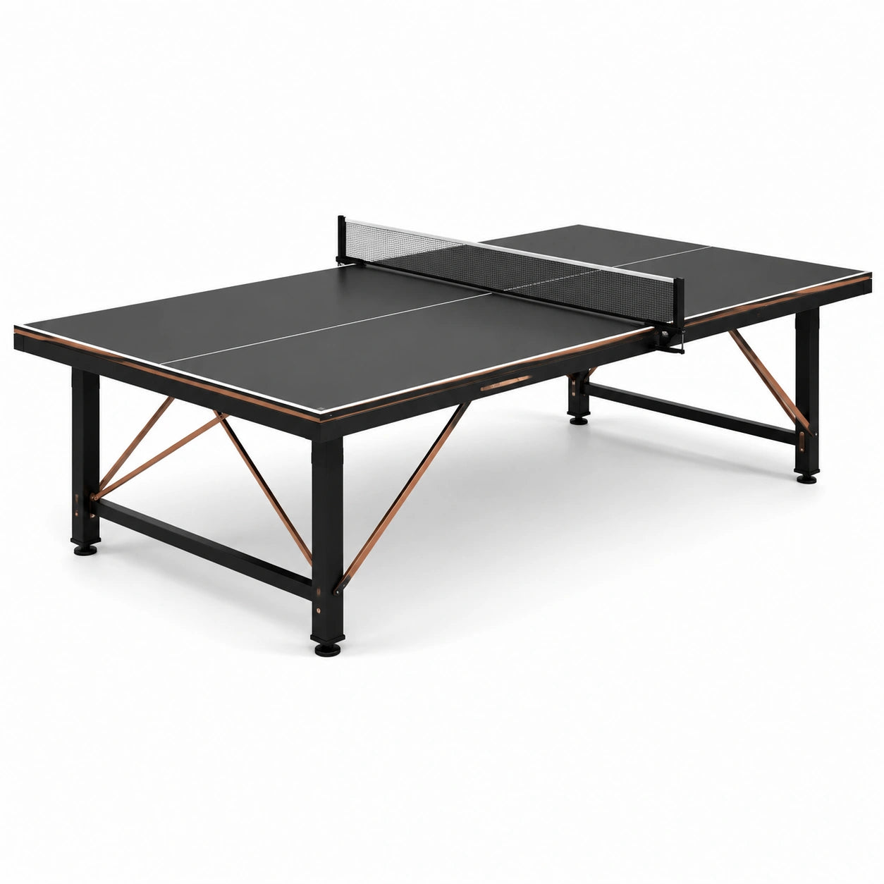 Tavolo da ping pong nero, rame e bianco con rete, struttura in acciaio e piano composito, 274 × 152,5 × 76 cm