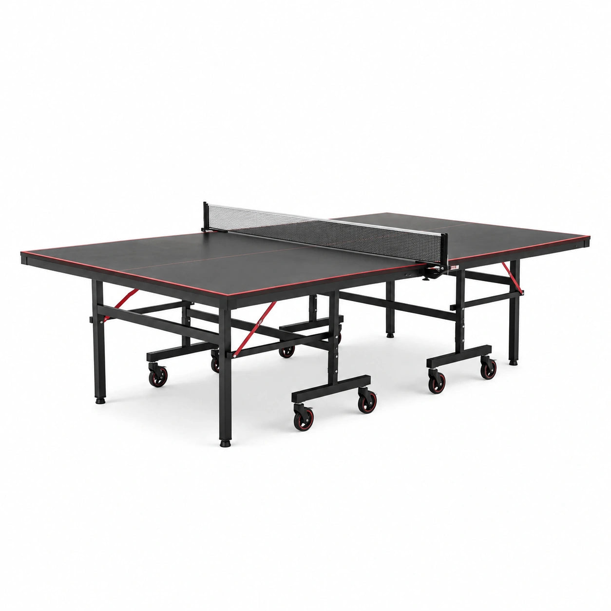 Tavolo da tennis pieghevole nero e rosso, 274 × 152,5 × 76 cm, con struttura in acciaio e ruote
