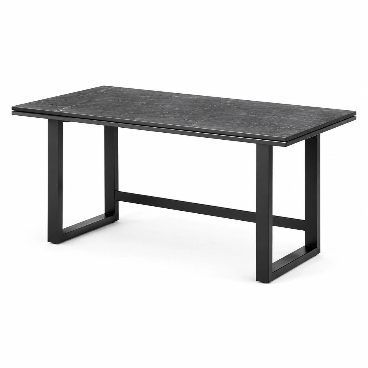 Tavolo da pranzo rettangolare 160 × 80 × 75 cm, piano grigio effetto marmo e struttura in metallo nero