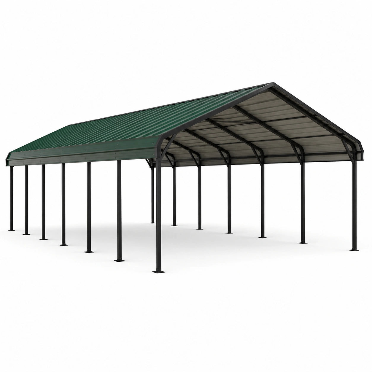 Carport da giardino 900 × 900 × 360 cm in acciaio verde, nero e grigio con tetto a doppia falda e pensilina laterale