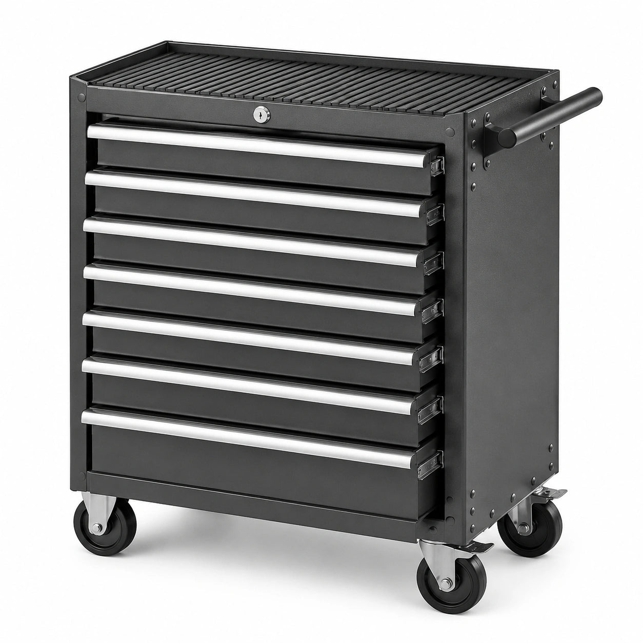 Carrello portautensili nero e argento con 7 cassetti, serratura e ruote, 69 × 33 × 78 cm
