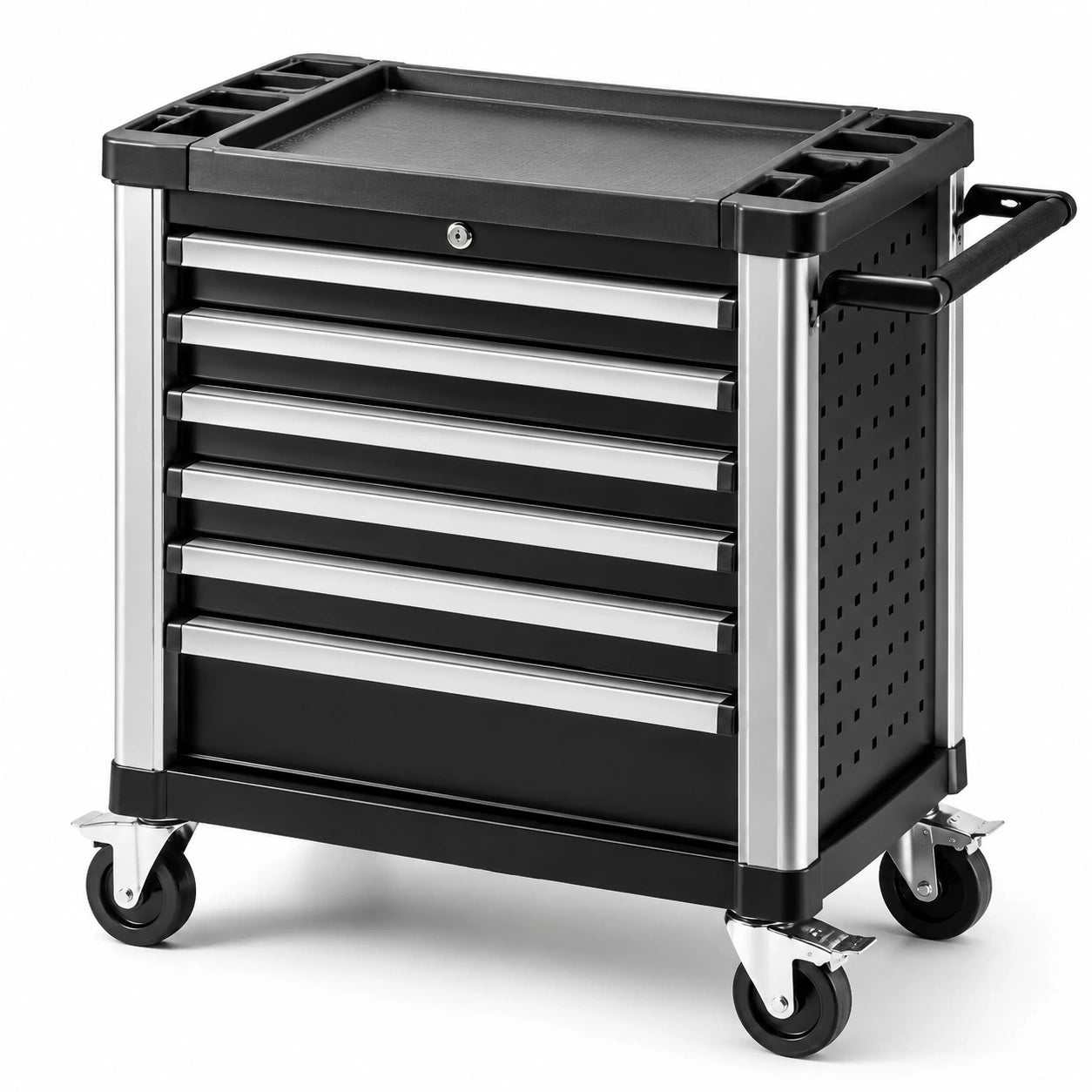 Carrello portautensili nero e argento 77 × 48 × 91 cm con 6 cassetti e 4 ruote