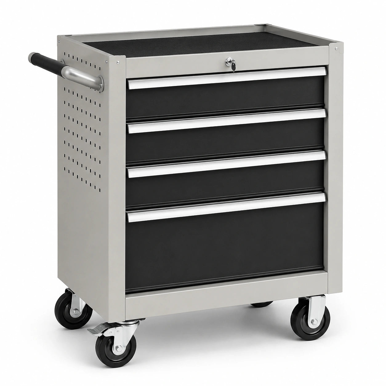 Carrello portautensili in acciaio grigio, nero e argento, 77 × 46 × 88 cm, con 4 cassetti, serratura e ruote