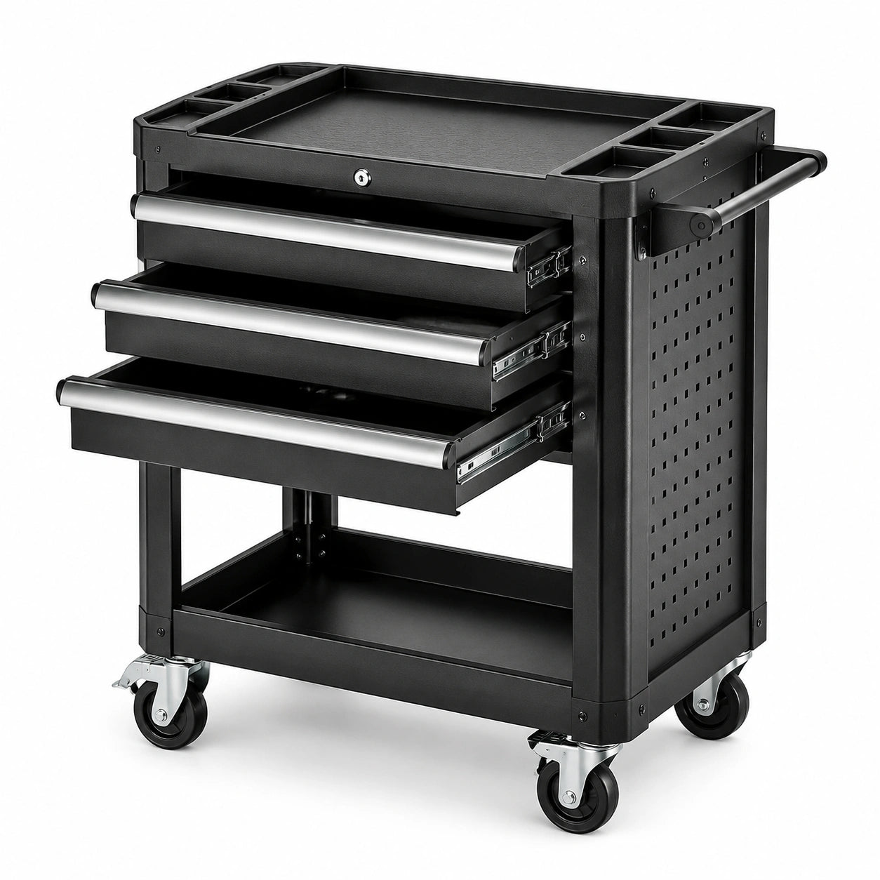 Carrello portautensili in acciaio nero e argento 75 × 45 × 88 cm con 3 cassetti e 4 ruote