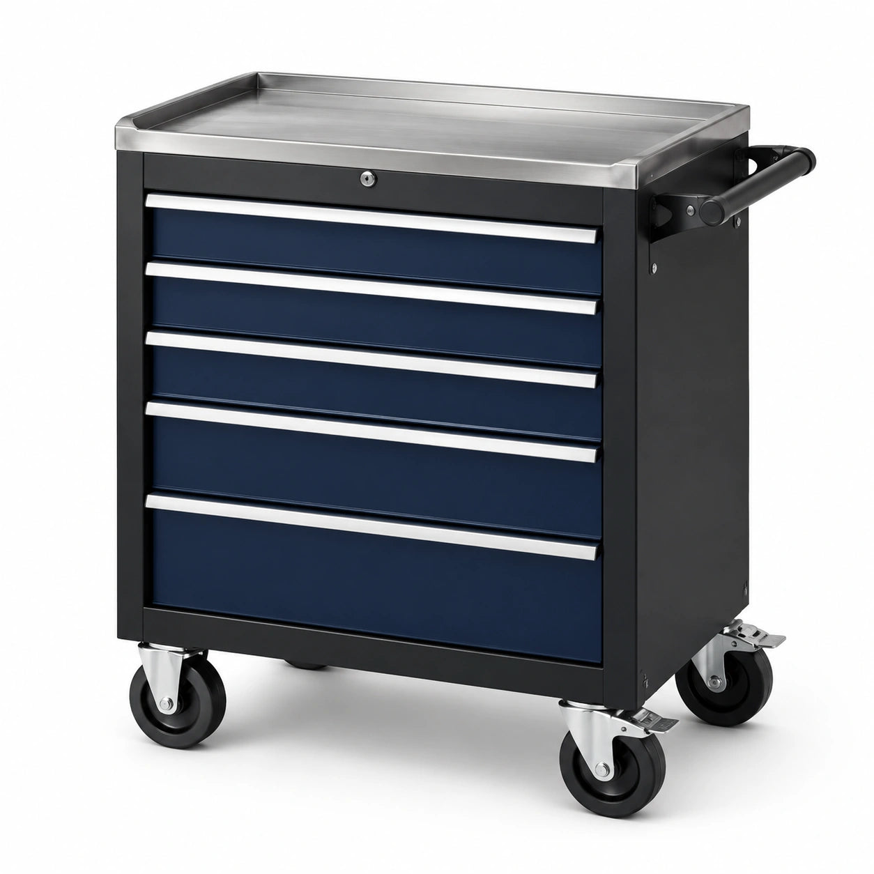 Carrello portautensili in acciaio blu, nero e argento, 77 × 46 × 97 cm, con 5 cassetti, ruote e serratura