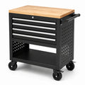 Carrello portautensili in acciaio nero con 4 cassetti, piano in rovere naturale, ripiano e ruote, 76 × 46 × 88 cm