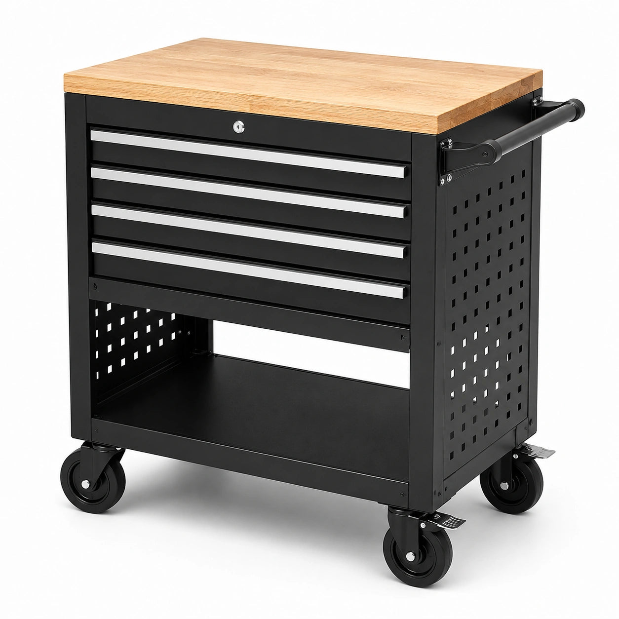 Carrello portautensili in acciaio nero con 4 cassetti, piano in rovere naturale, ripiano e ruote, 76 × 46 × 88 cm