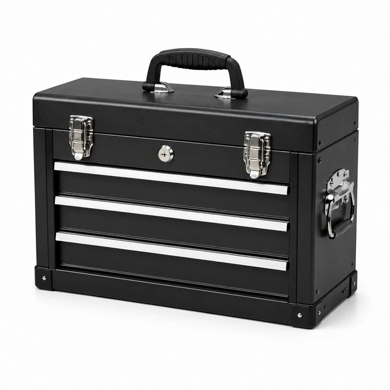 Cassetta portautensili in metallo nero e argento, 51 × 22 × 39 cm, con 3 cassetti e vano superiore