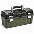 Cassetta portautensili 48 × 25 × 24 cm verde oliva e nera con chiusure metalliche e scomparti trasparenti