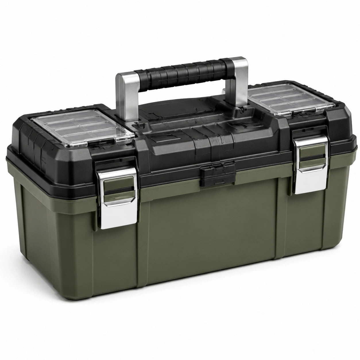 Cassetta portautensili 48 × 25 × 24 cm verde oliva e nera con chiusure metalliche e scomparti trasparenti