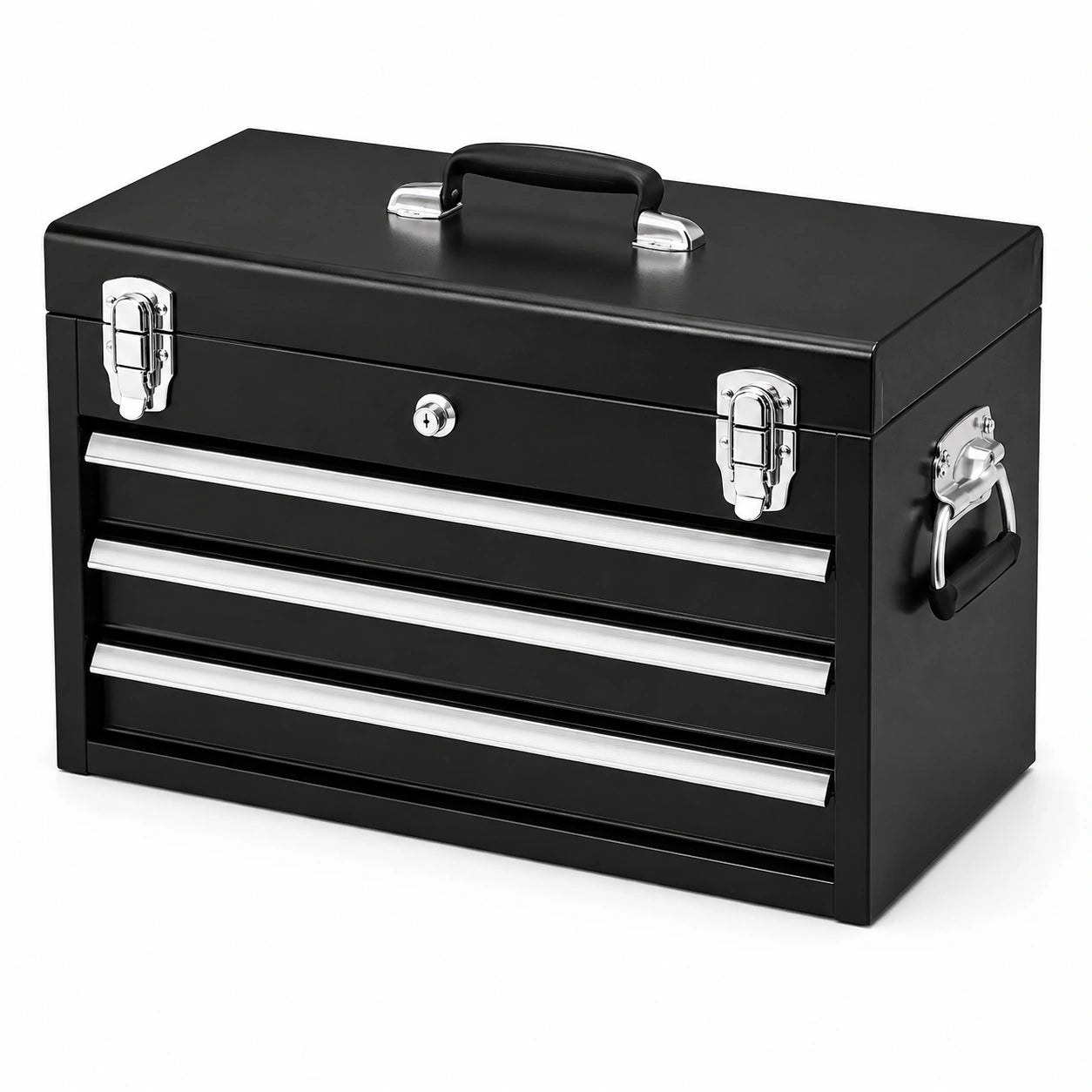 Cassetta portautensili in metallo nero e argento, 51 × 22 × 34 cm, con 3 cassetti, vano superiore e serratura