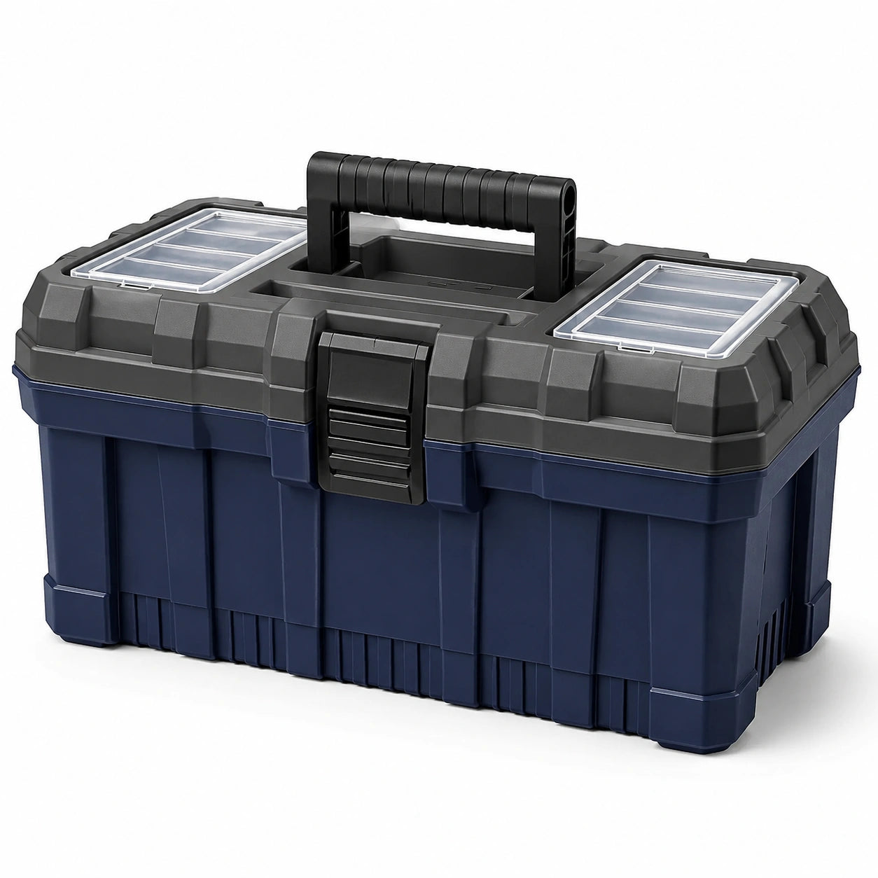 Cassetta portautensili in plastica 46 × 26 × 28 cm blu scuro e nera con scomparti superiori e maniglia pieghevole