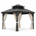Gazebo da giardino in metallo antracite con tetto rigido e tende beige, 300 × 300 × 280 cm