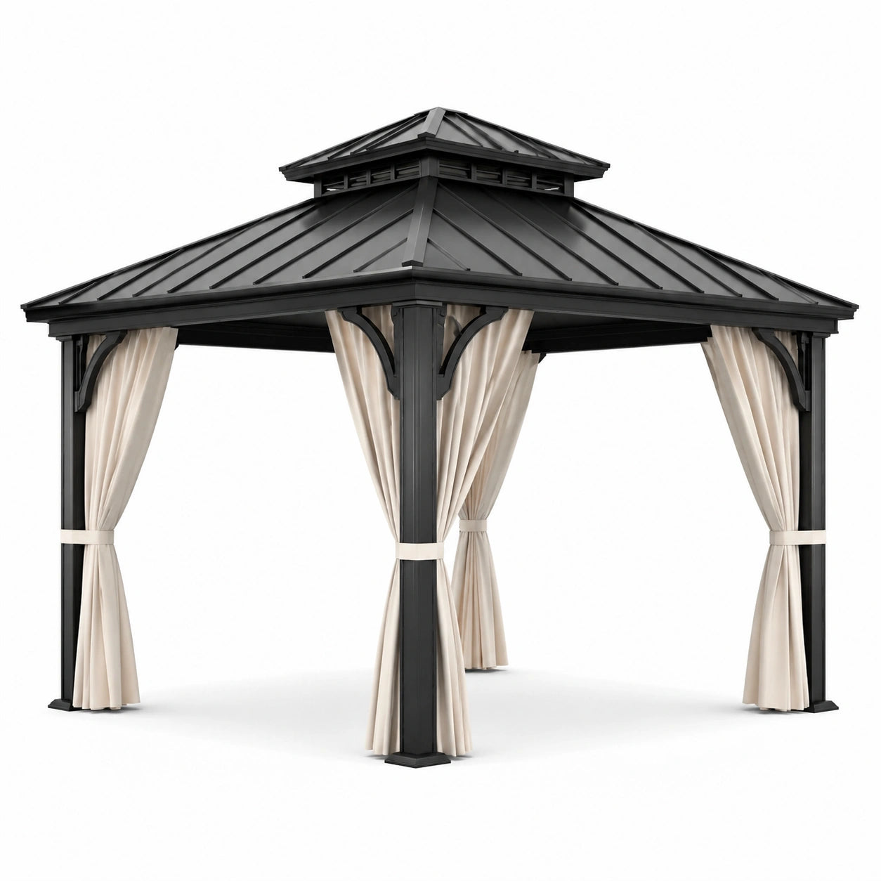 Gazebo da giardino in metallo antracite con tetto rigido e tende beige, 300 × 300 × 280 cm