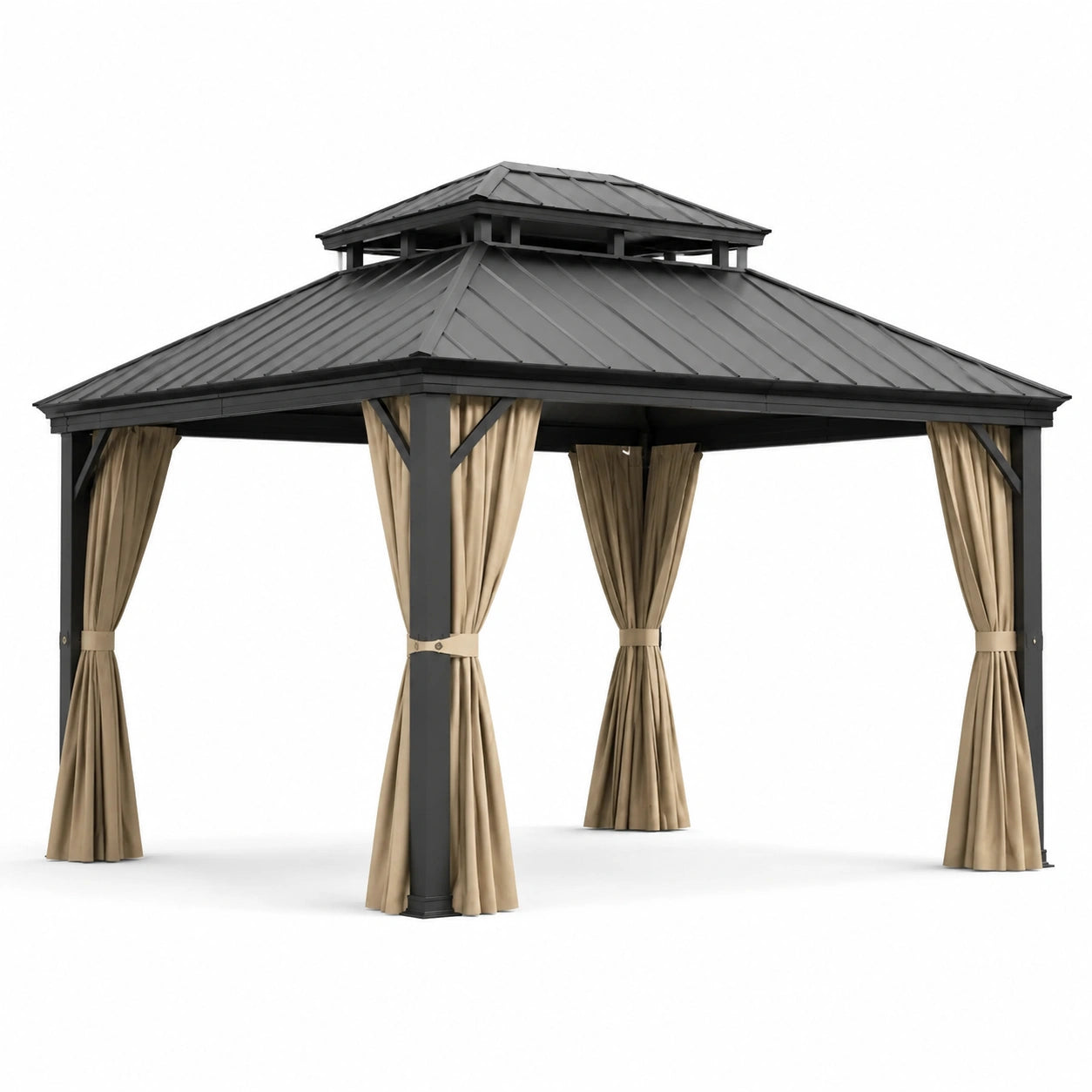 Gazebo da giardino 400 × 300 × 290 cm in metallo antracite con tetto rigido e tende beige
