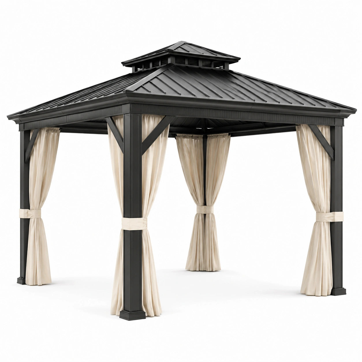 Gazebo da giardino 300 × 300 × 290 cm in metallo antracite con tende beige e tetto rigido ventilato