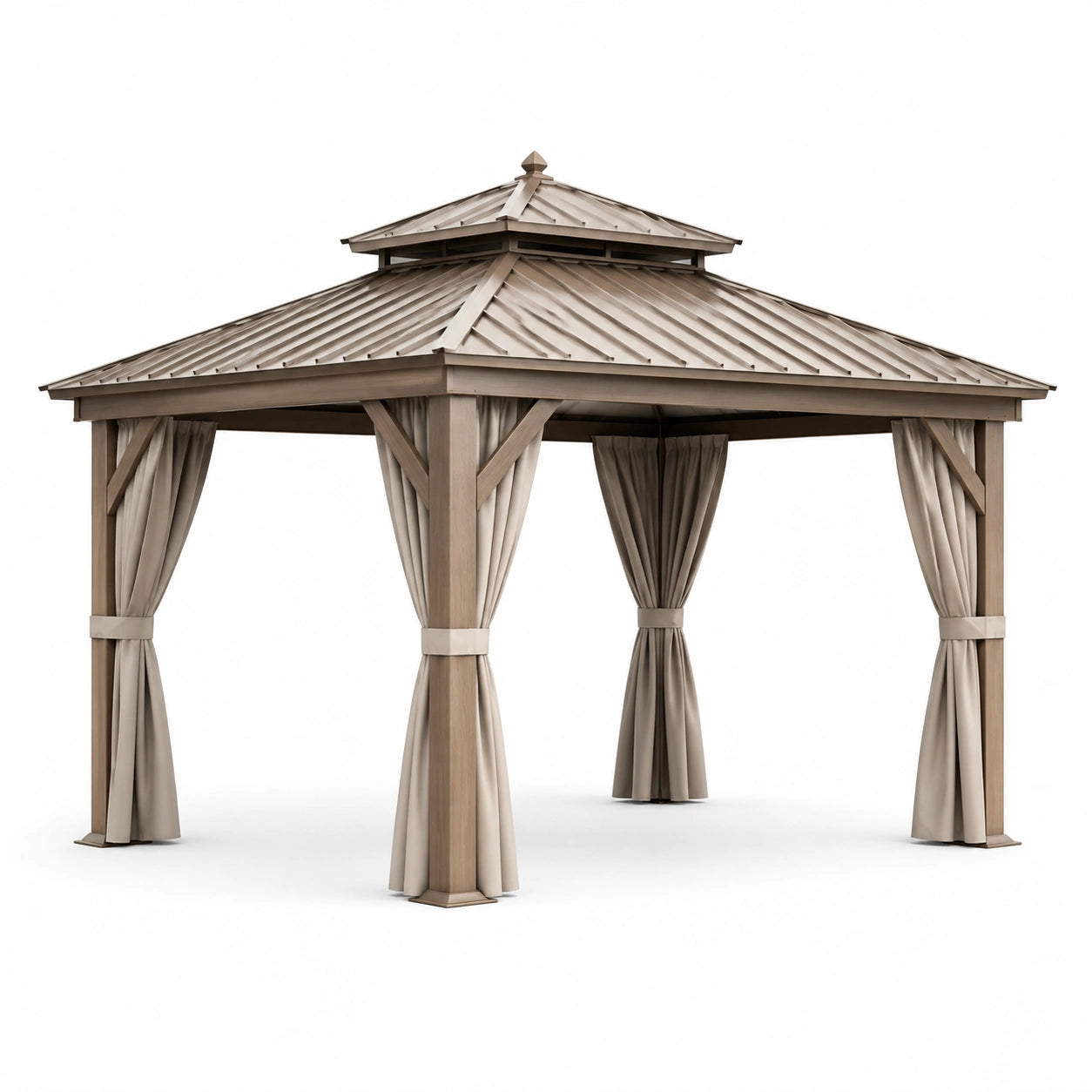 Gazebo da giardino 400 × 300 × 300 cm tortora e marrone con tetto rigido e tende laterali