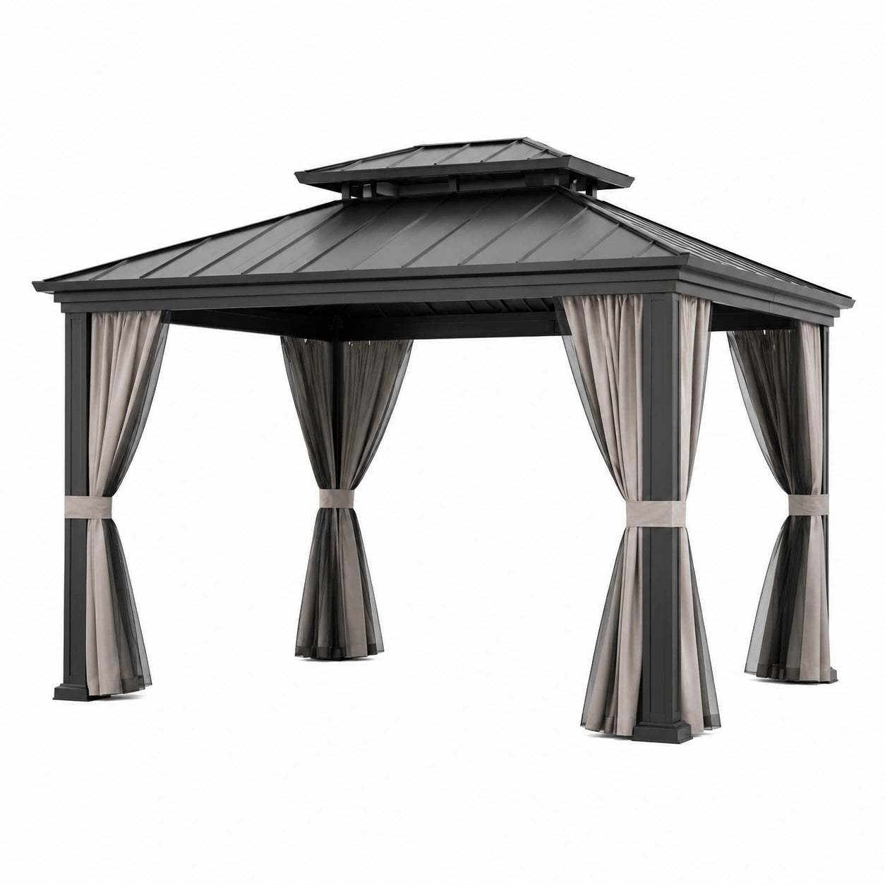 Gazebo da giardino 300 × 300 × 280 cm in metallo antracite con tetto rigido e tende grigie