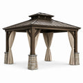 Gazebo da giardino 365 × 365 × 330 cm in legno marrone scuro con tetto rigido, tende beige e basi effetto pietra