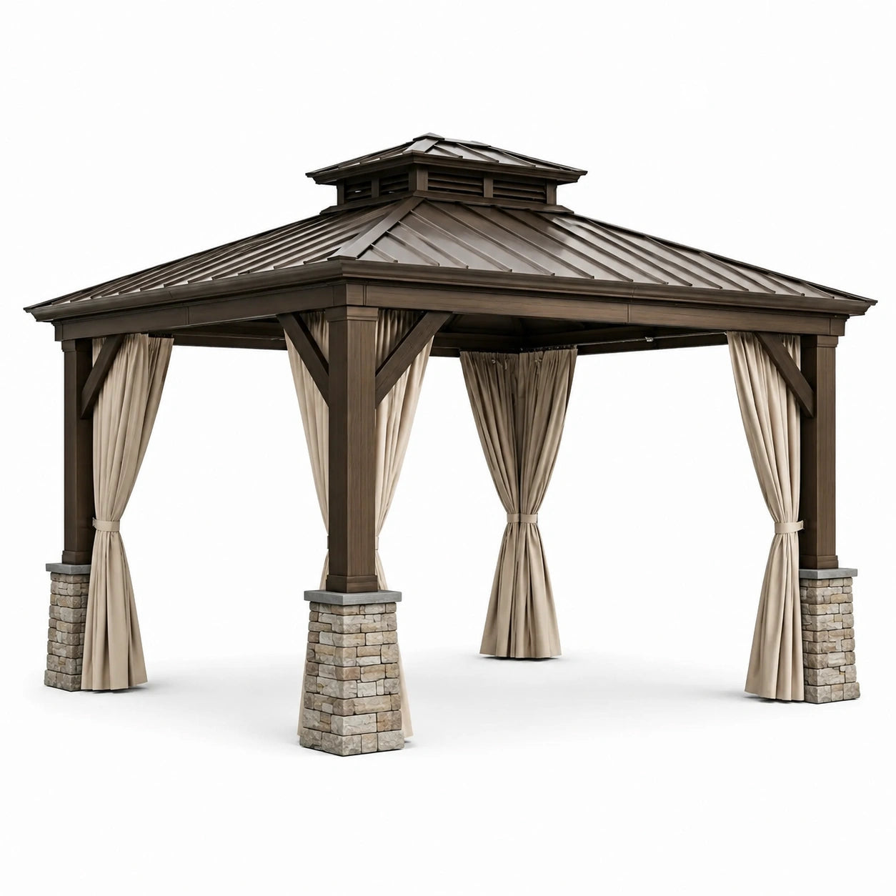 Gazebo da giardino 365 × 365 × 330 cm in legno marrone scuro con tetto rigido, tende beige e basi effetto pietra