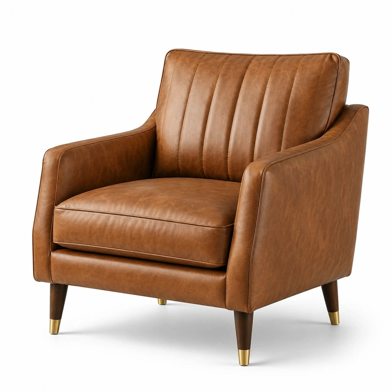 Poltrona rétro in similpelle marrone cognac e oro, 82 × 86 × 88 cm, con schienale a cuciture verticali