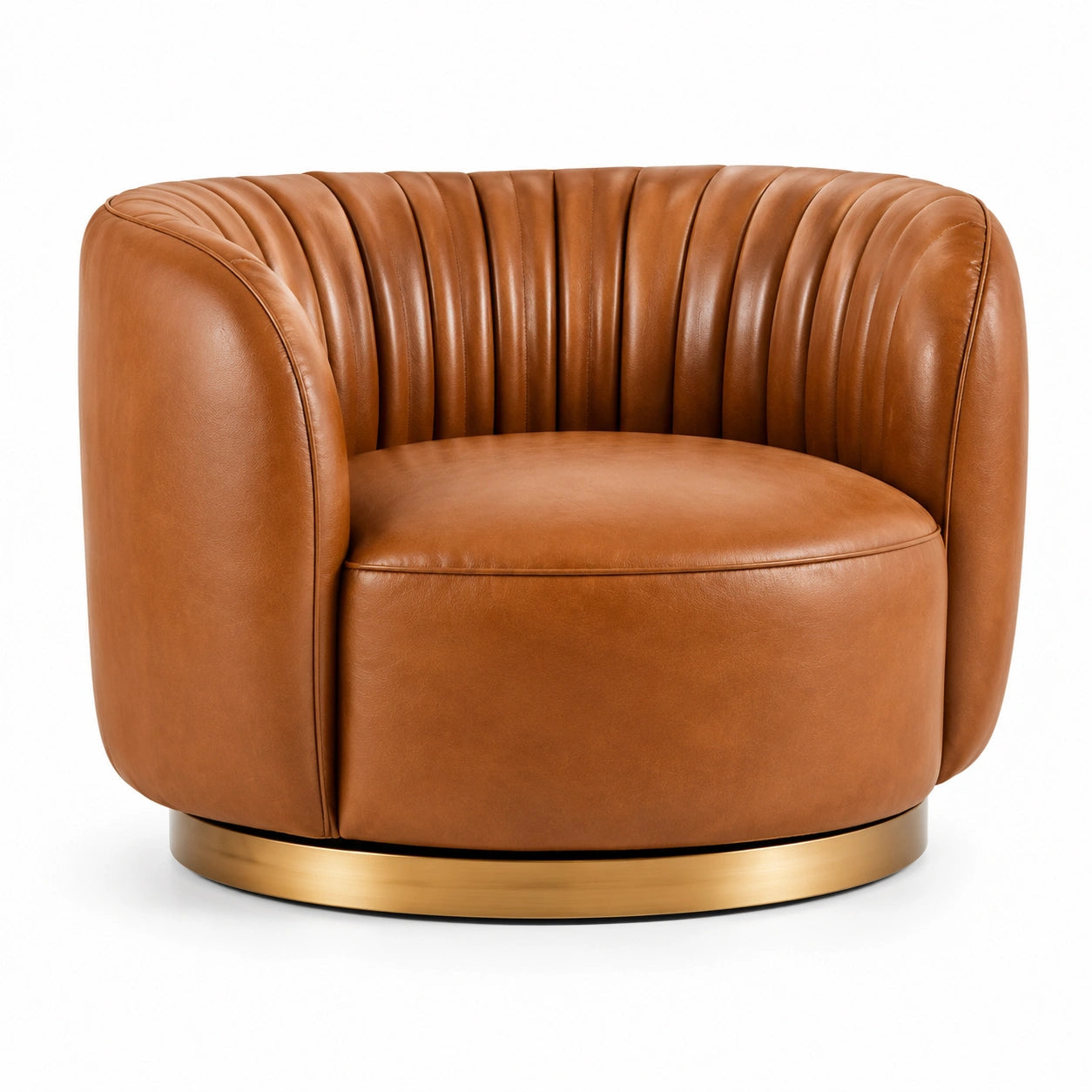 Poltrona avvolgente cognac effetto pelle con base dorata, 110 × 100 × 75 cm