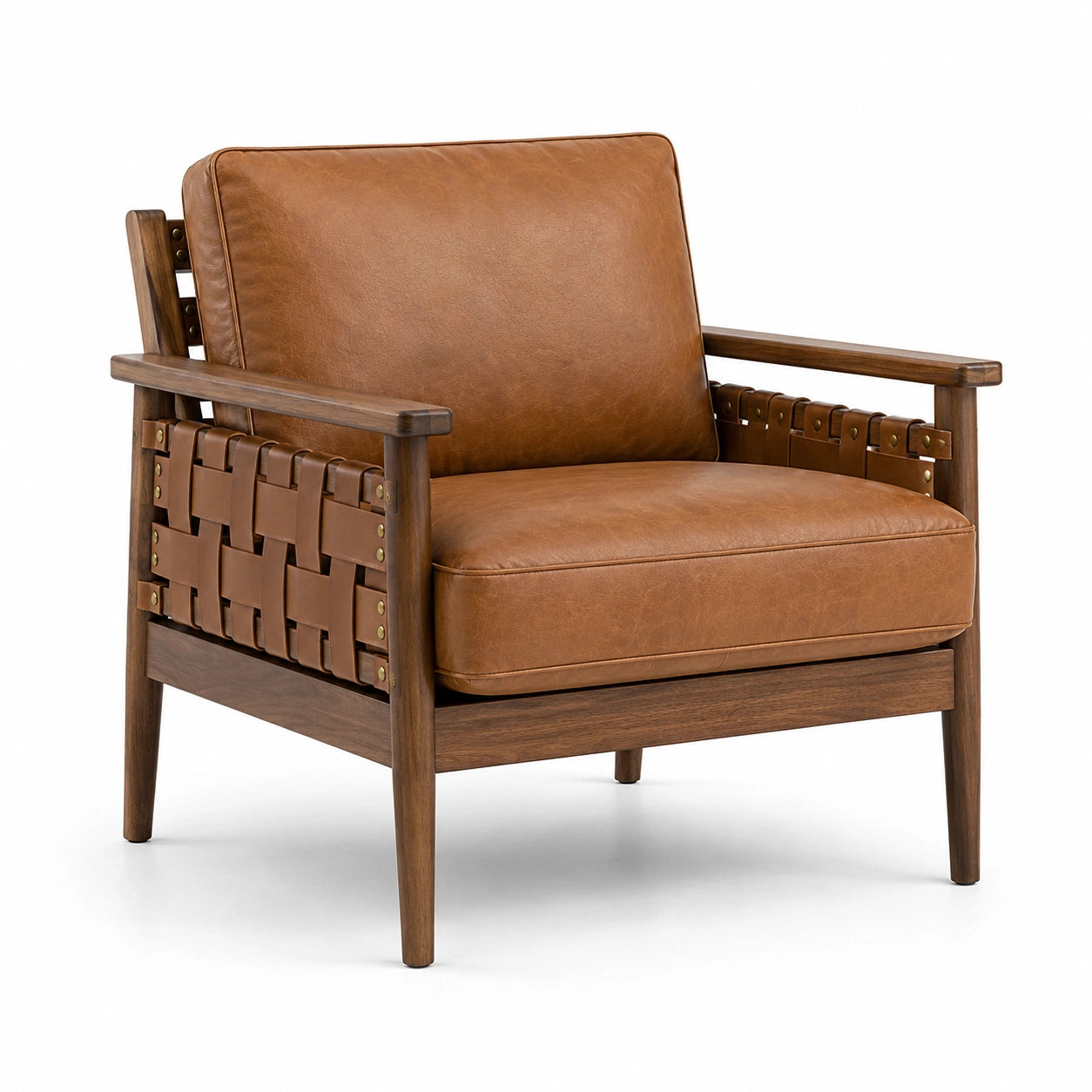 Poltrona vintage in legno con rivestimento effetto pelle cognac e braccioli, 76 x 82 x 82 cm