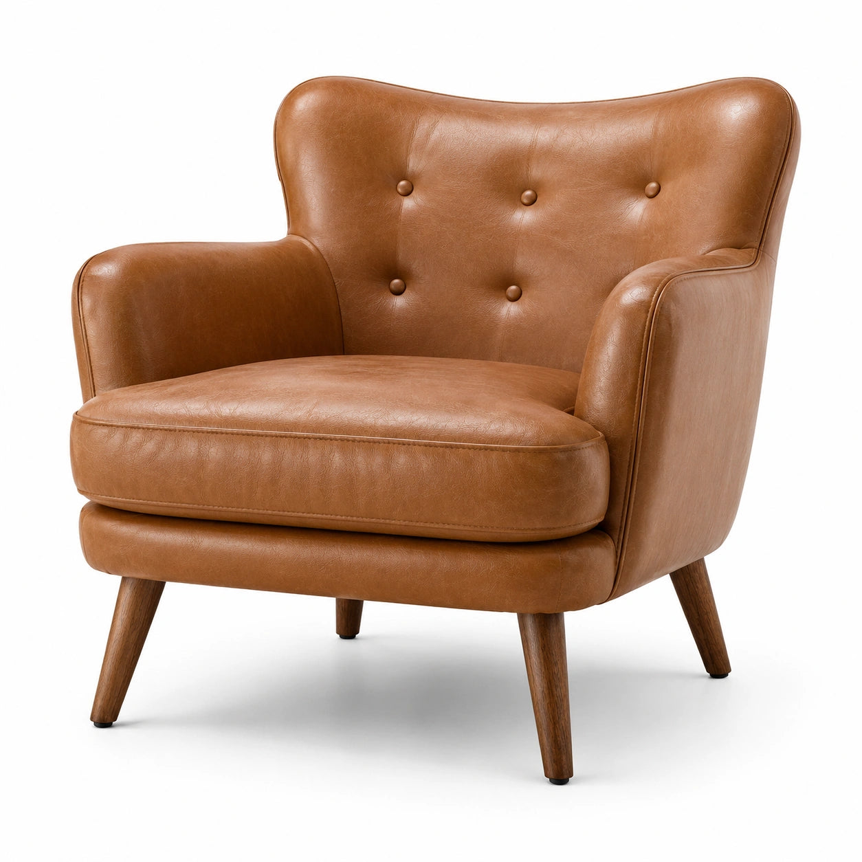 Poltrona marrone cognac effetto pelle con gambe in legno, stile rétro, 85 × 80 × 84 cm