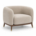 Poltrona moderna avvolgente in tessuto beige con base in legno, 85 × 80 × 75 cm