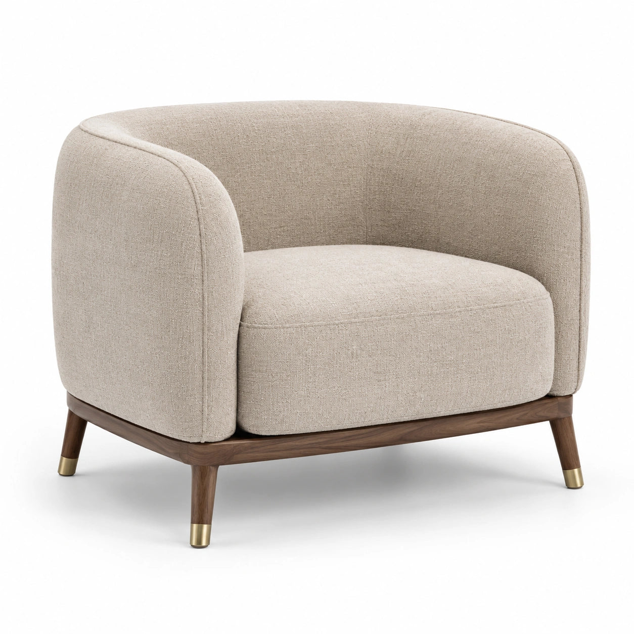 Poltrona moderna avvolgente in tessuto beige con base in legno, 85 × 80 × 75 cm