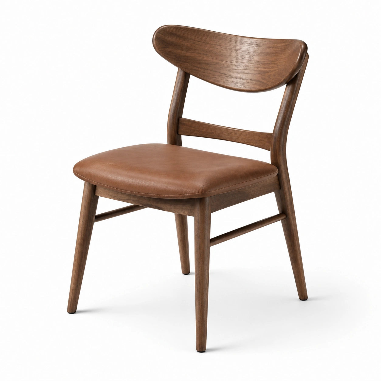 Sedia moderna in legno marrone scuro con seduta imbottita color cognac, 54 × 58 × 78 cm