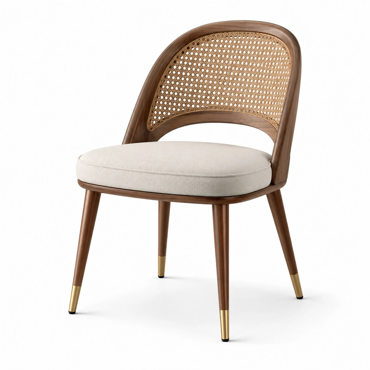 Sedia in legno con schienale in rattan e seduta imbottita, marrone, crema e dorata, 55 × 58 × 82 cm