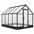 Serra da giardino 250 × 190 × 195 cm con telaio in alluminio nero, pannelli trasparenti, porta battente e tetto a doppia falda