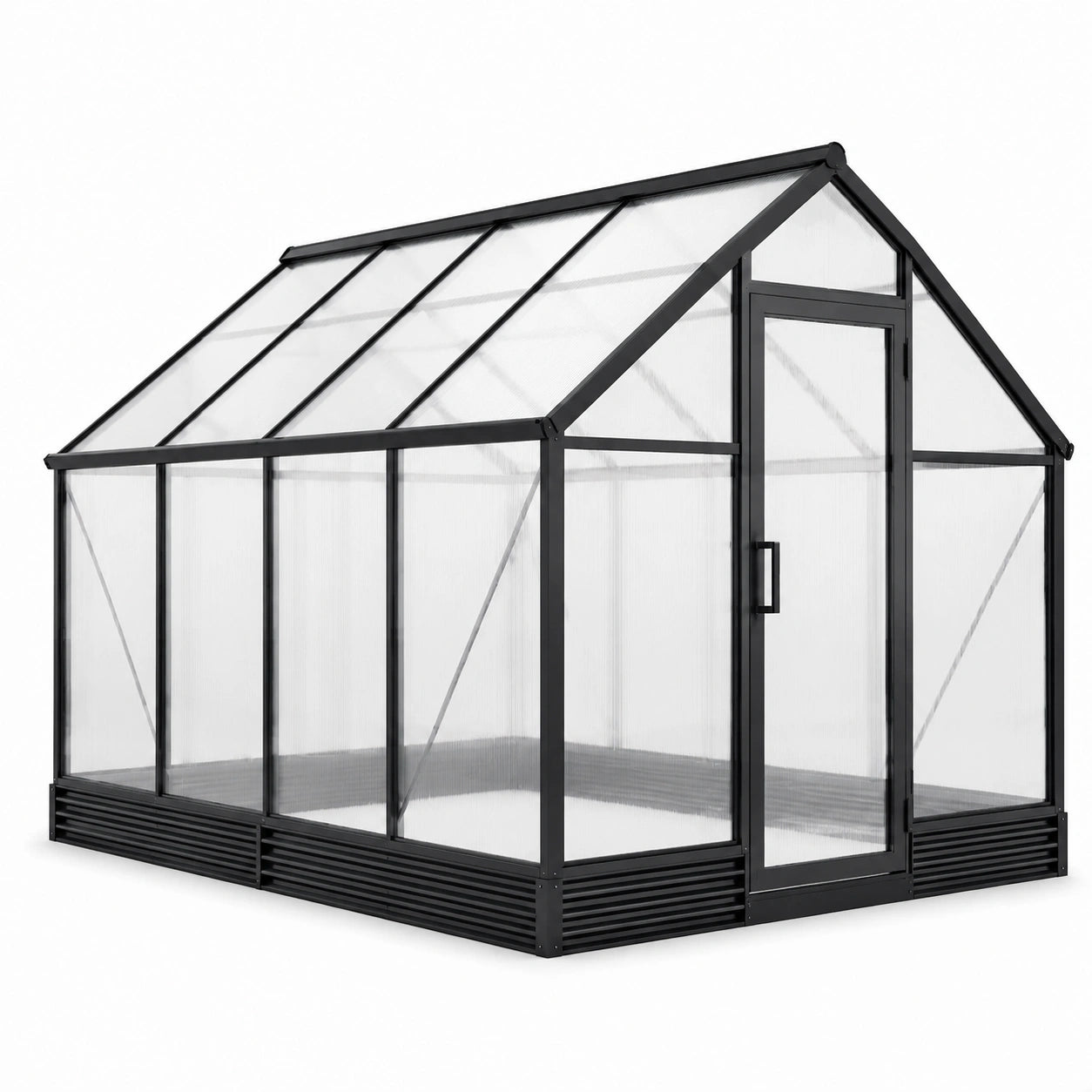 Serra da giardino 250 × 190 × 195 cm con telaio in alluminio nero, pannelli trasparenti, porta battente e tetto a doppia falda