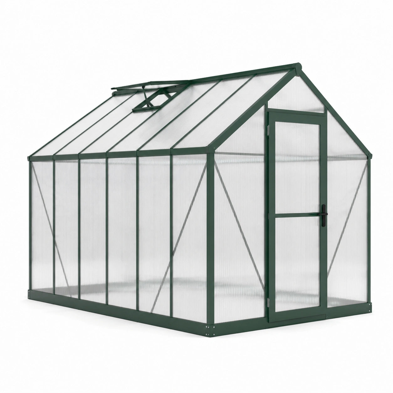 Serra da giardino 190 × 250 × 195 cm in alluminio verde e policarbonato trasparente con porta e finestra